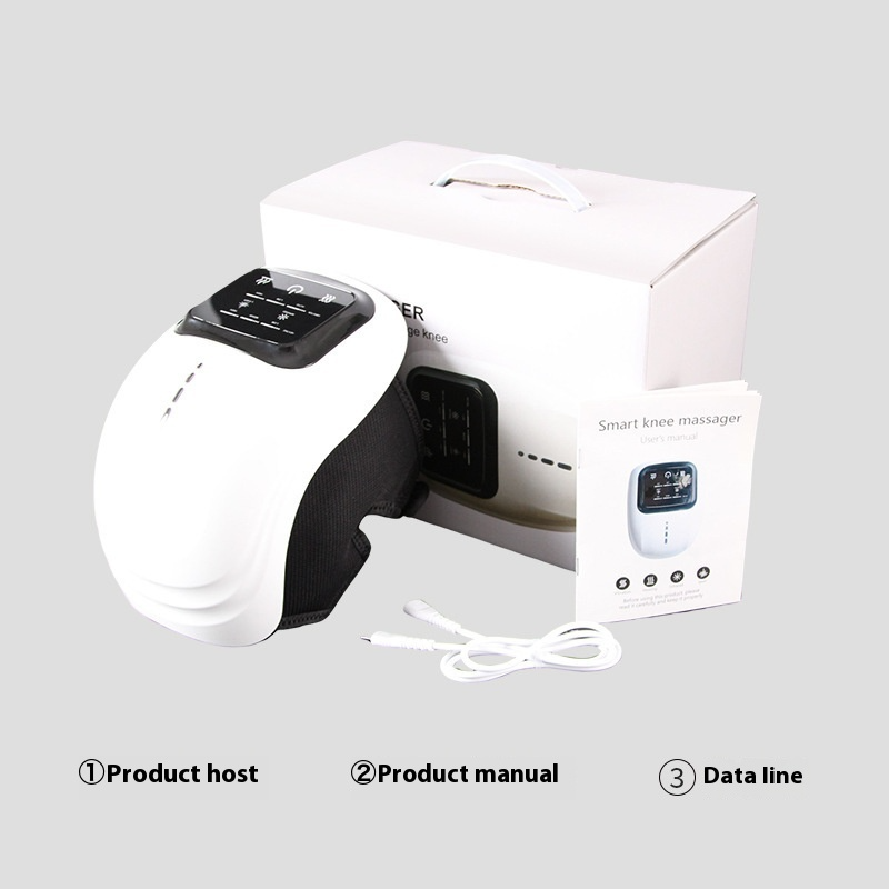 Smart knee massager with packaging, manual, and data line on a gray background