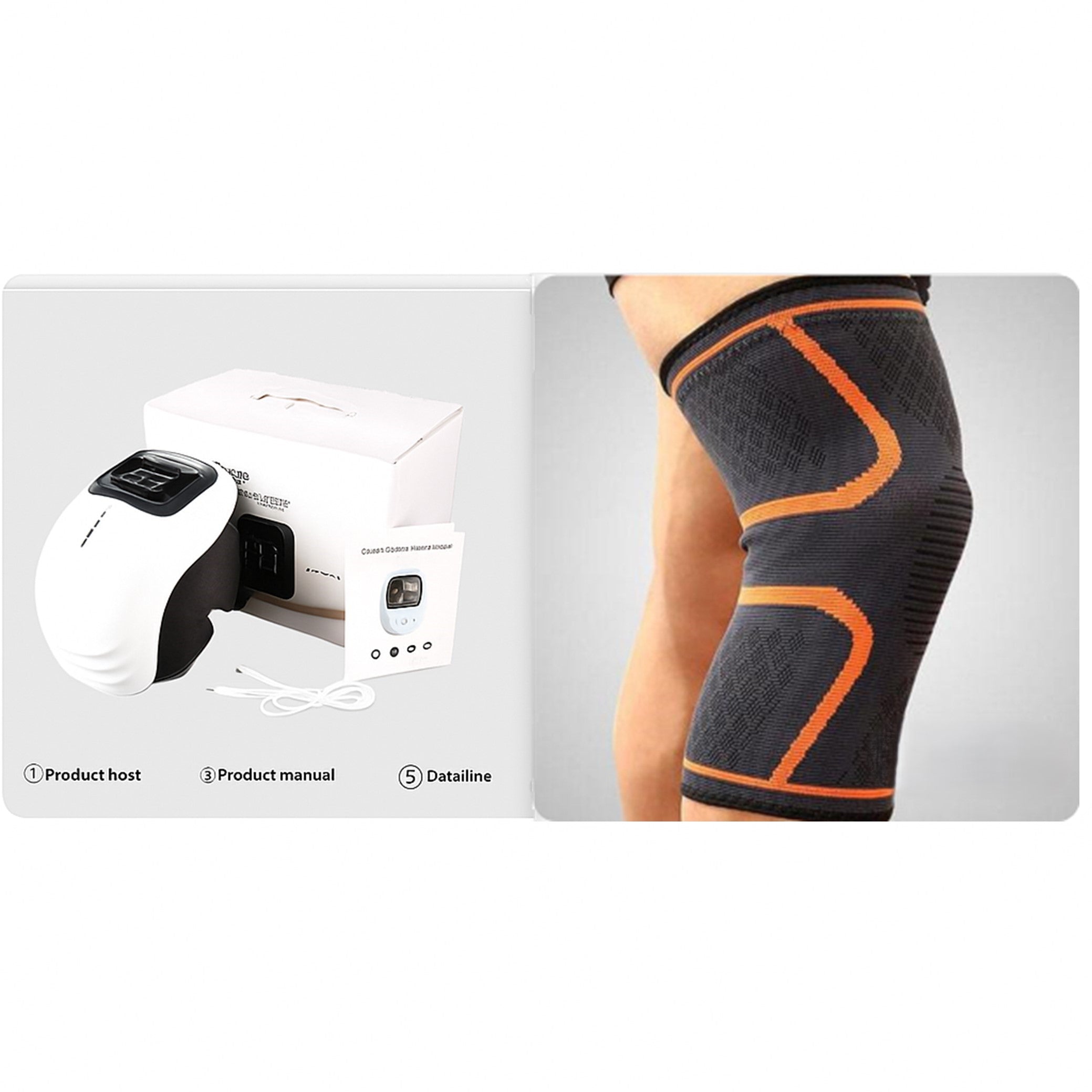 Knee brace with packaging and product manual on a white background